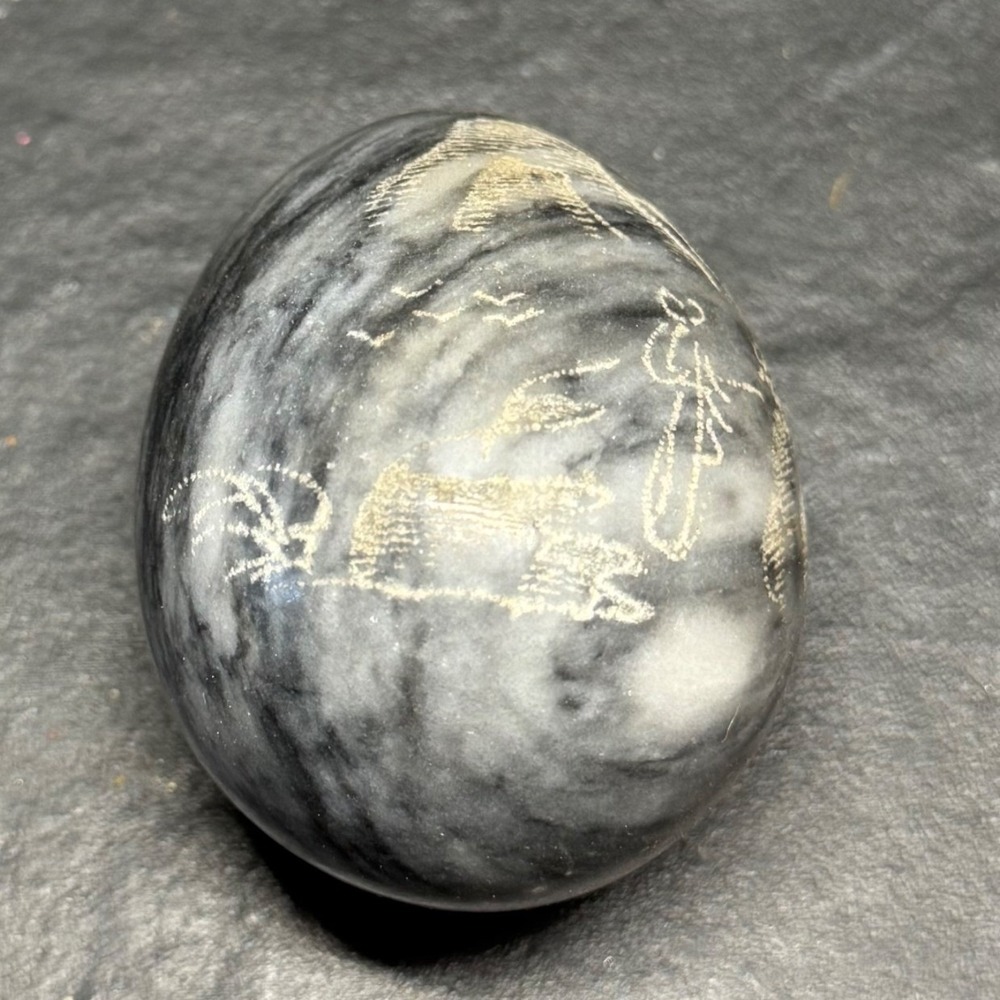 Vintage Etched Grey Marble Stone Egg Hand Carved Landscape Scene Decorative Art - Picture 4 of 9